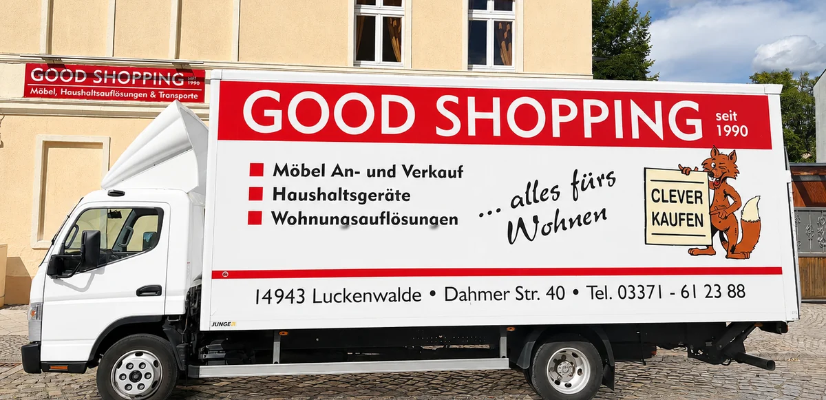 Fahrzeug von Good Shopping mit Firmenschriftzug vor dem Ladengeschäft in der Dahmer Straße